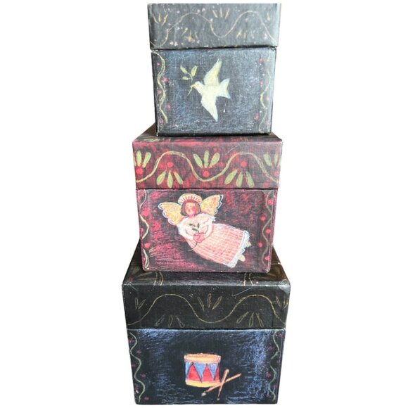Vtg BOB'S BOXES Primitive Colors Nativity 3 Folk Art NESTING BOXES Angel, Dove - Picture 2 of 16